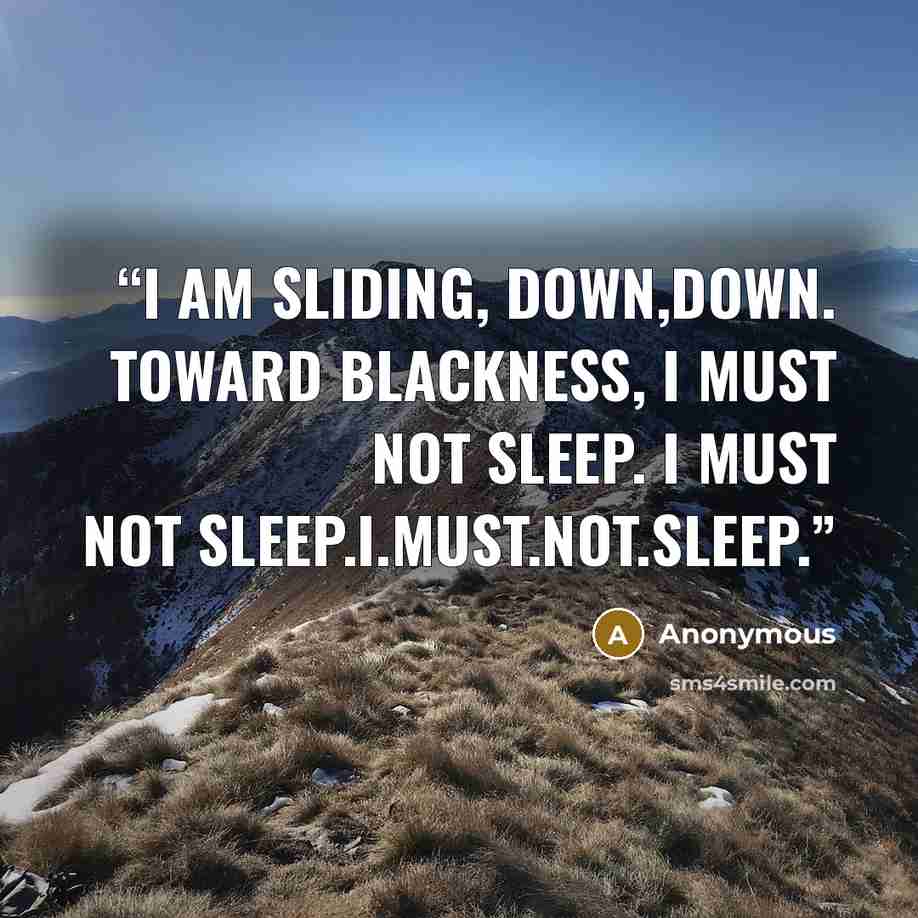 “I am sliding, down,down. Toward blackness, I must not sleep. I must not sleep.I.Must.Not.Sleep.” quote by Anonymous