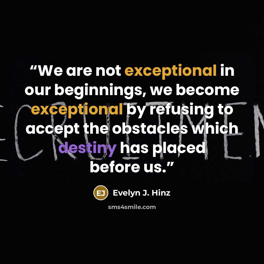 “We are not exceptional in our beginnings, we become exceptional by refusing to accept the obstacles which destiny has placed before us.” quote by Evelyn J. Hinz