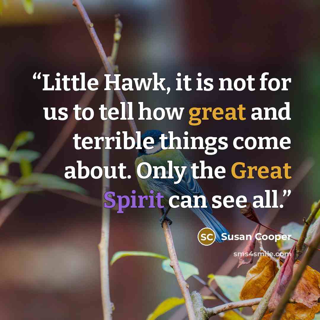 “Little Hawk, it is not for us to tell how great and terrible things come about. Only the Great Spirit can see all.” quote by Susan Cooper