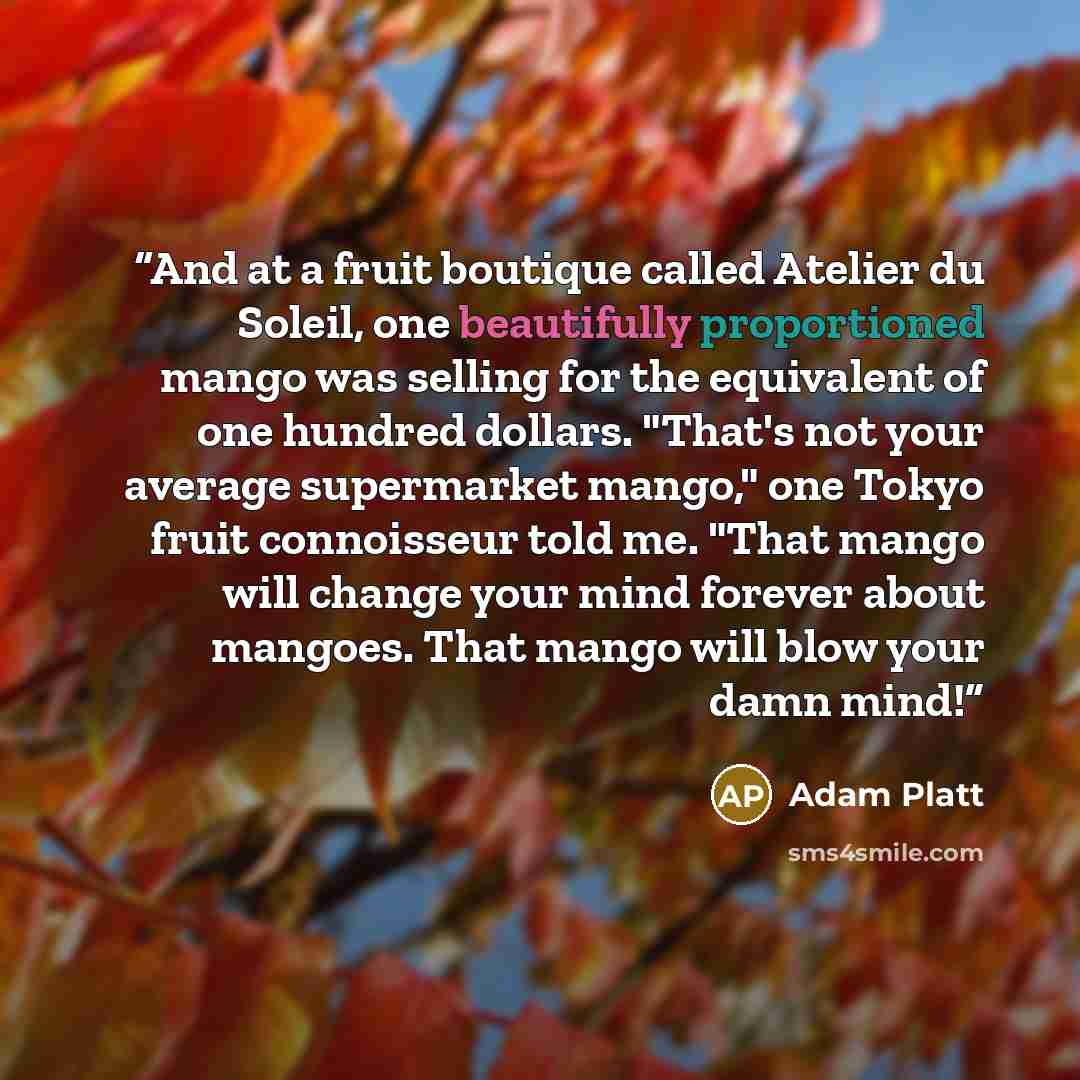 “And at a fruit boutique called Atelier du Soleil, one beautifully proportioned mango was selling for the equivalent of one hundred dollars. "That's not your average supermarket mango," one Tokyo fruit connoisseur told me. "That mango will change your mind forever about mangoes. That mango will…” quote by Adam Platt