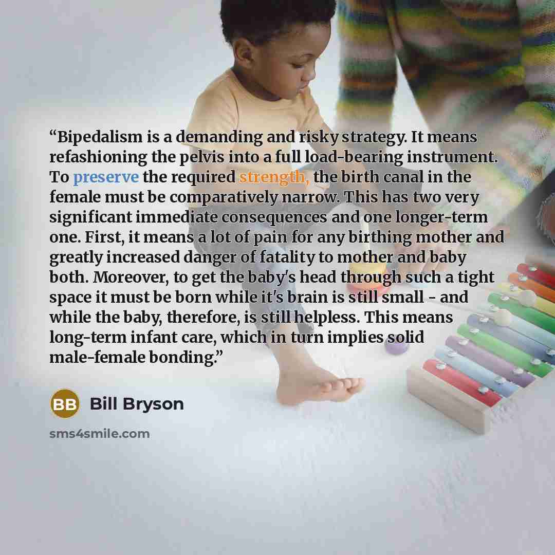 “Bipedalism is a demanding and risky strategy. It means refashioning the pelvis into a full load-bearing instrument. To preserve the required strength, the birth canal in the female must be comparatively narrow. This has two very significant immediate consequences and one longer-term one. First, it…” quote by Bill Bryson