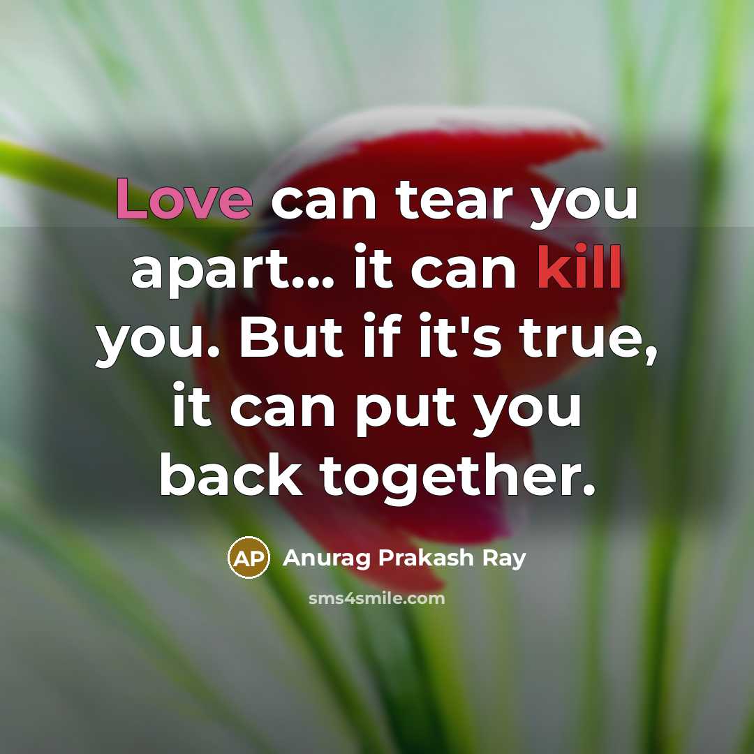 “Love can tear you apart... it can kill you. But if it's true, it can put you back together.” quote by Anurag Prakash Ray