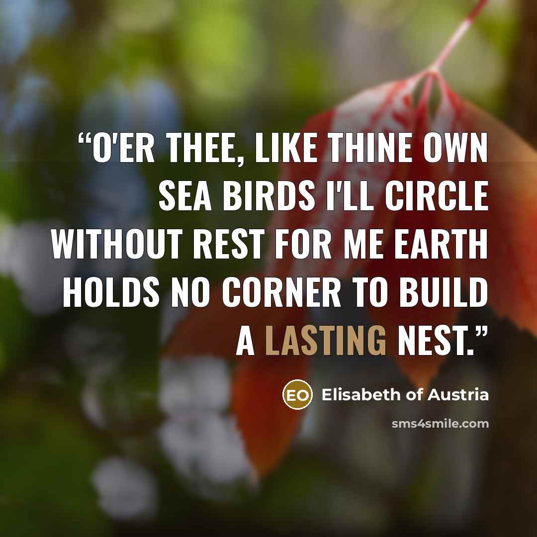 “O'er thee, like thine own sea birds I'll circle without rest For me earth holds no corner To build a lasting nest.” quote by Elisabeth of Austria