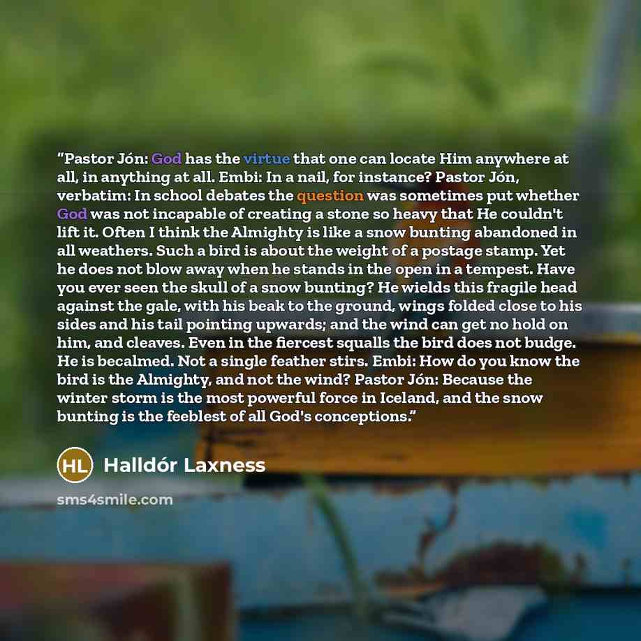 “Pastor Jón: God has the virtue that one can locate Him anywhere at all, in anything at all. Embi: In a nail, for instance? Pastor Jón, verbatim: In school debates the question was sometimes put whether God was not incapable of creating a stone so heavy that He couldn't lift it. Often I think the…” quote by Halldór Laxness
