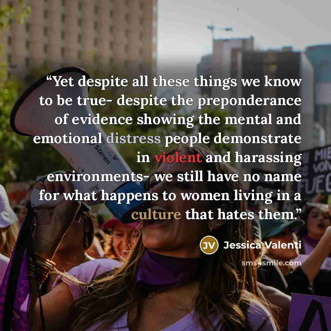 “Yet despite all these things we know to be true- despite the preponderance of evidence showing the mental and emotional distress people demonstrate in violent and harassing environments- we still have no name for what happens to women living in a culture that hates them.” quote by Jessica Valenti