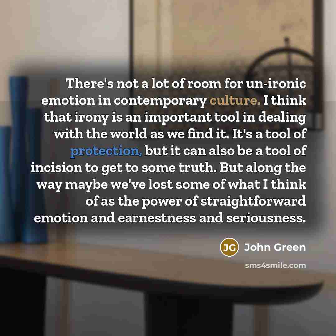 “There's not a lot of room for un-ironic emotion in…” quote by John Green