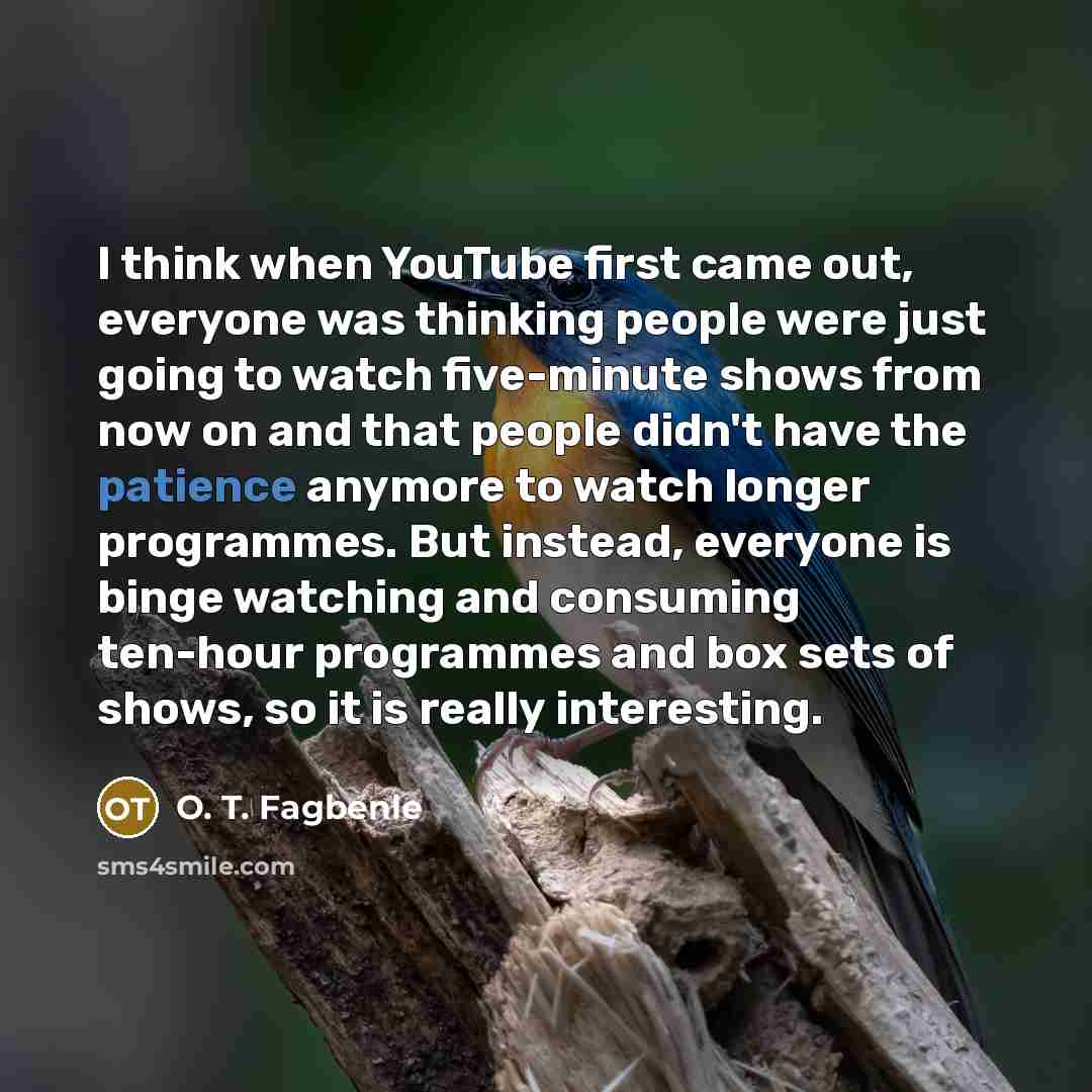 “I think when YouTube first came out, everyone was thinking people were just going to watch five-minute shows from now on and that people didn't have the patience anymore to watch longer programmes. But instead, everyone is binge watching and consuming ten-hour programmes and box sets of shows, so…” quote by O. T. Fagbenle