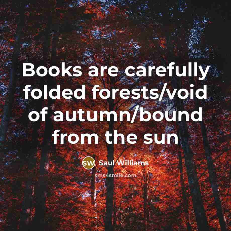 “Books are carefully folded forests/void of autumn/bound from the sun…” quote by Saul Williams