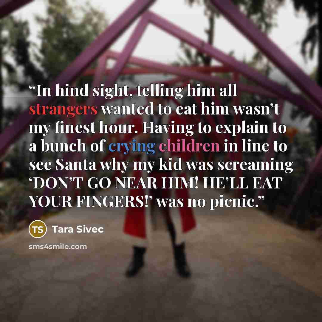 “In hind sight, telling him all strangers wanted to eat him wasn’t my finest hour. Having to explain to a bunch of crying children in line to see Santa why my kid was screaming ‘DON’T GO NEAR HIM! HE’LL EAT YOUR FINGERS!’ was no picnic.” quote by Tara Sivec