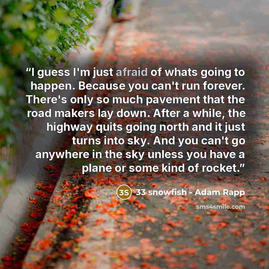 “I guess I'm just afraid of whats going to happen. Because you can't run forever. There's only so much pavement that the road makers lay down. After a while, the highway quits going north and it just turns into sky. And you can't go anywhere in the sky unless you have a plane or some kind of rocket.” quote by 33 snowfish - Adam Rapp