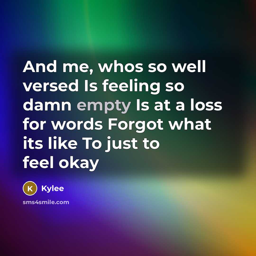 “And me, whos so well versed Is feeling so damn empty Is at a loss for words Forgot what its like To just to feel okay” quote by Kylee