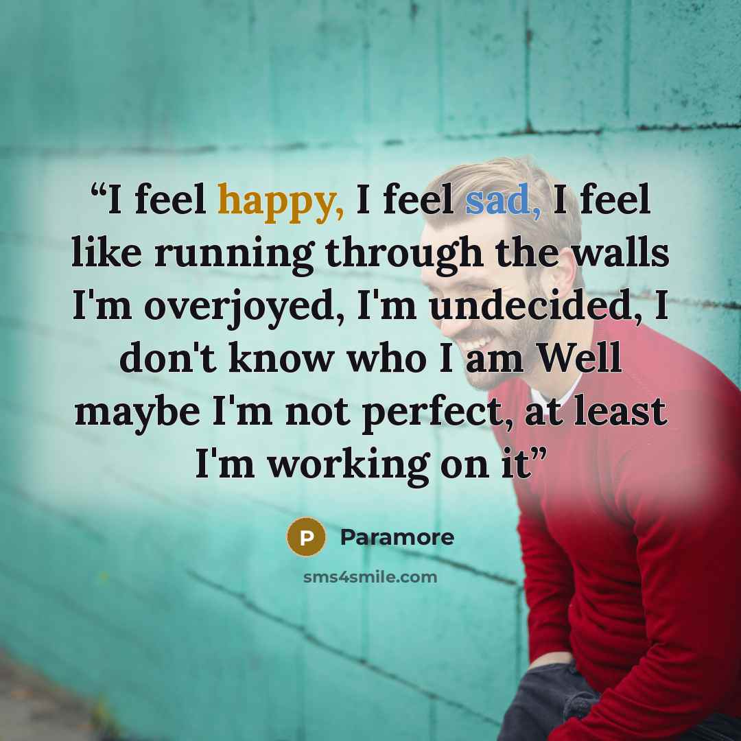 “I feel happy, I feel sad, I feel like running through the walls I'm overjoyed, I'm undecided, I don't know who I am Well maybe I'm not perfect, at least I'm working on it” quote by Paramore
