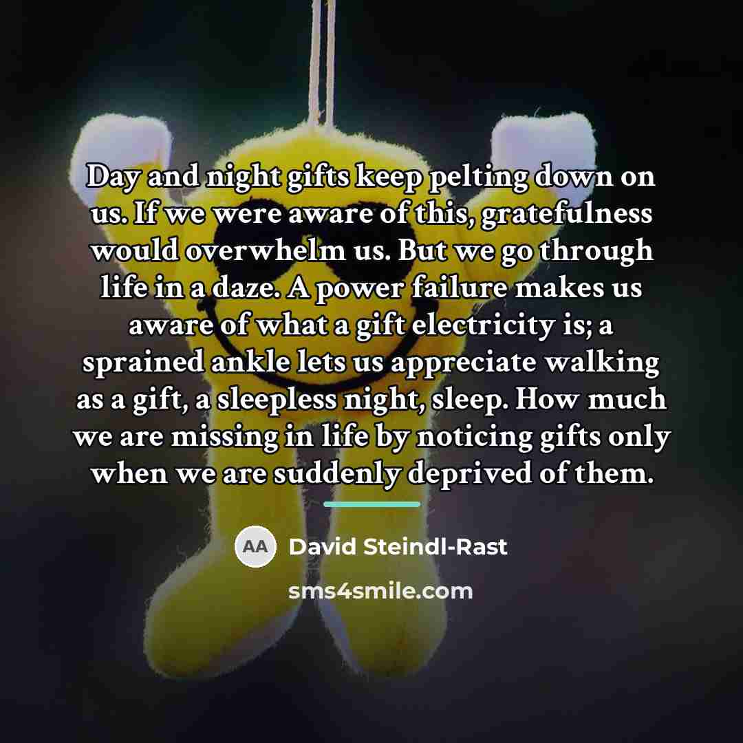 “Day and night gifts keep pelting down on us. If…” quote by David Steindl-Rast