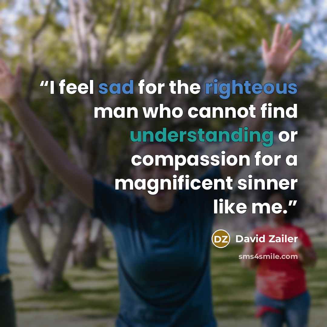 “I feel sad for the righteous man who cannot find understanding or compassion for a magnificent sinner like me.” quote by David Zailer
