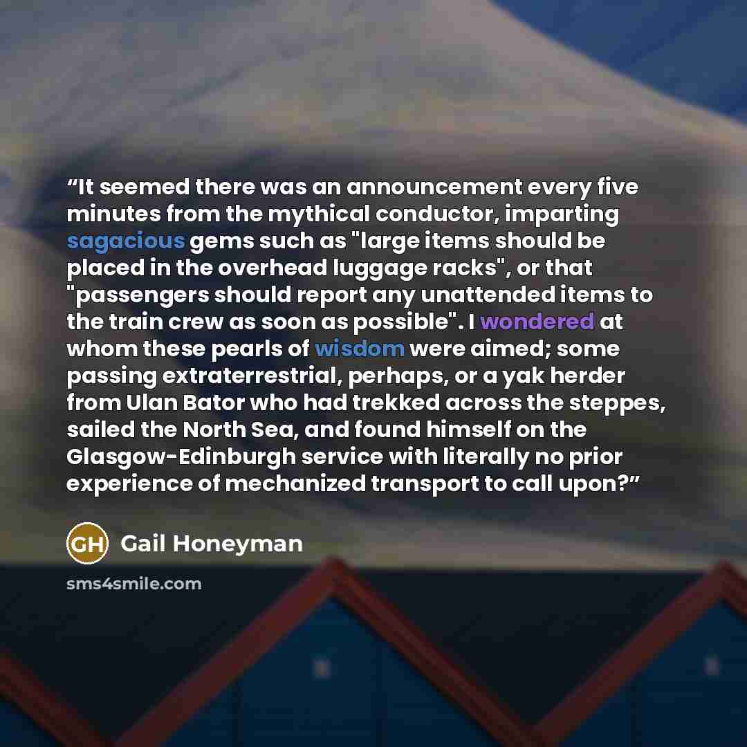 “It seemed there was an announcement every five minutes from the mythical conductor, imparting sagacious gems such as "large items should be placed in the overhead luggage racks", or that "passengers should report any unattended items to the train crew as soon as possible". I wondered at whom these…” quote by Gail Honeyman