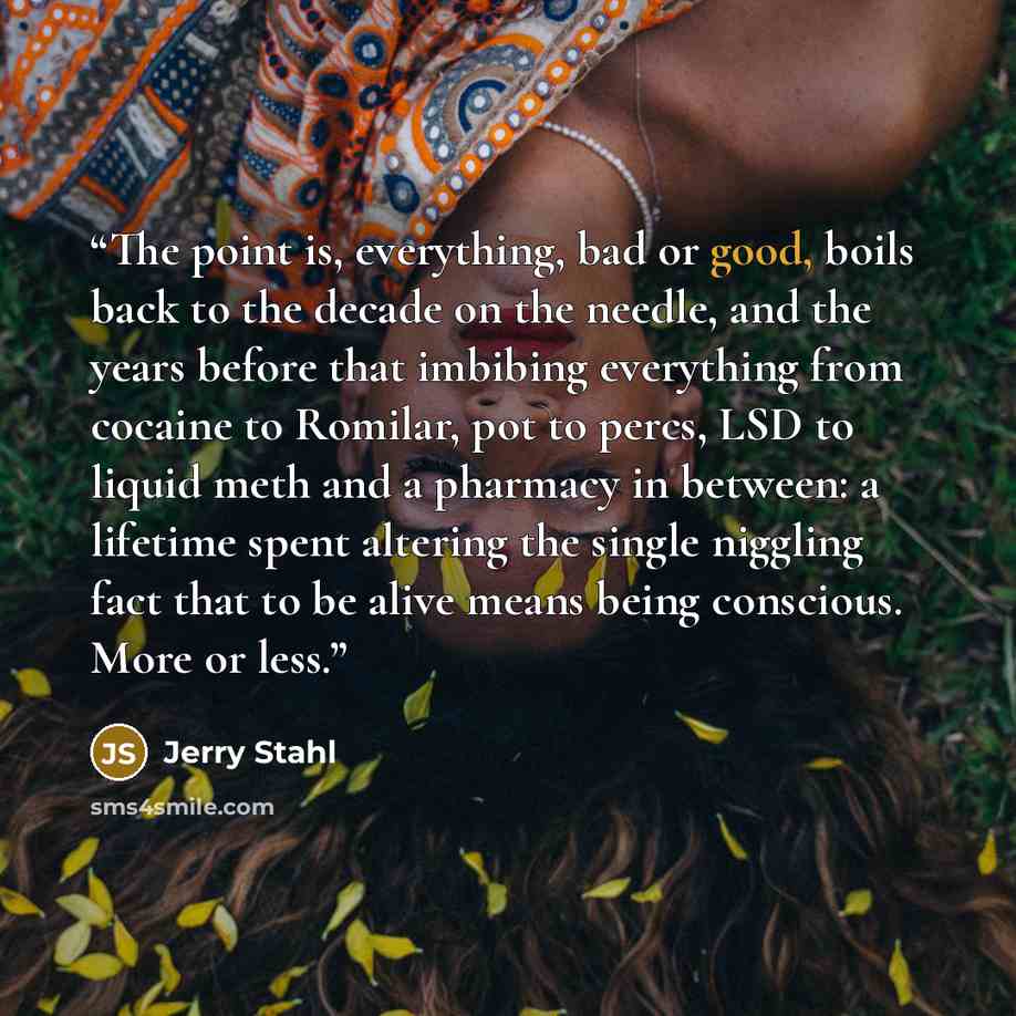 “The point is, everything, bad or good, boils back to the decade on the needle, and the years before that imbibing everything from cocaine to Romilar, pot to percs, LSD to liquid meth and a pharmacy in between: a lifetime spent altering the single niggling fact that to be alive means being…” quote by Jerry Stahl