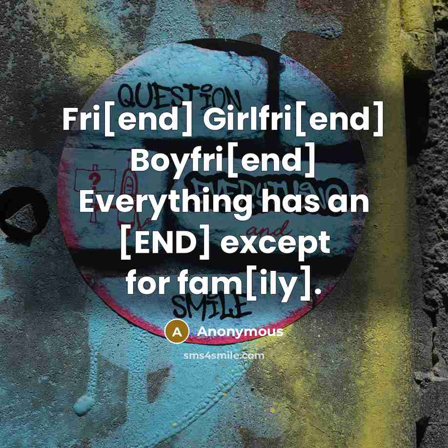 “Fri[end] Girlfri[end] Boyfri[end] Everything has an [END] except for fam[ily].” quote by Anonymous