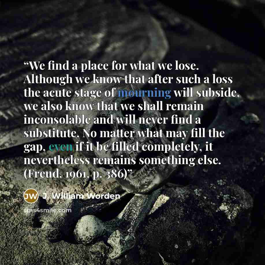 “We find a place for what we lose. Although we know that after such a loss the acute stage of mourning will subside, we also know that we shall remain inconsolable and will never find a substitute. No matter what may fill the gap, even if it be filled completely, it nevertheless remains something…” quote by J. William Worden