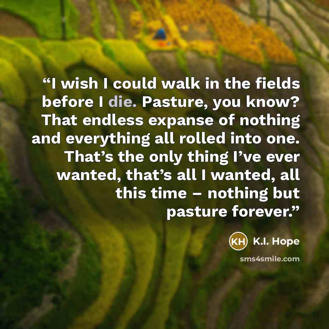 “I wish I could walk in the fields before I die. Pasture, you know? That endless expanse of nothing and everything all rolled into one. That’s the only thing I’ve ever wanted, that’s all I wanted, all this time – nothing but pasture forever.” quote by K.I. Hope