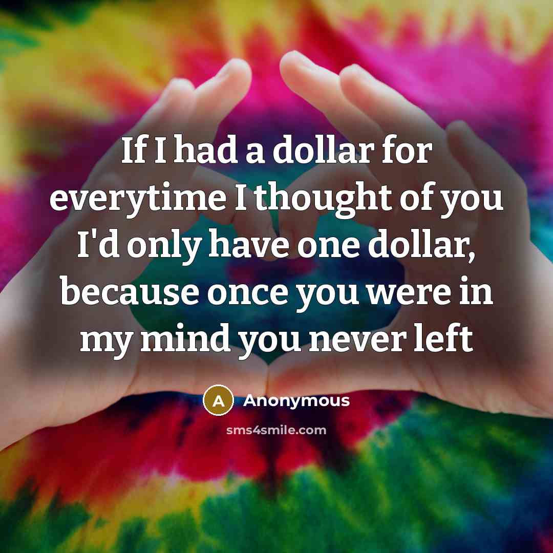“If I had a dollar for everytime I thought of you I'd only have one dollar, because once you were in my mind you never left” quote by Anonymous