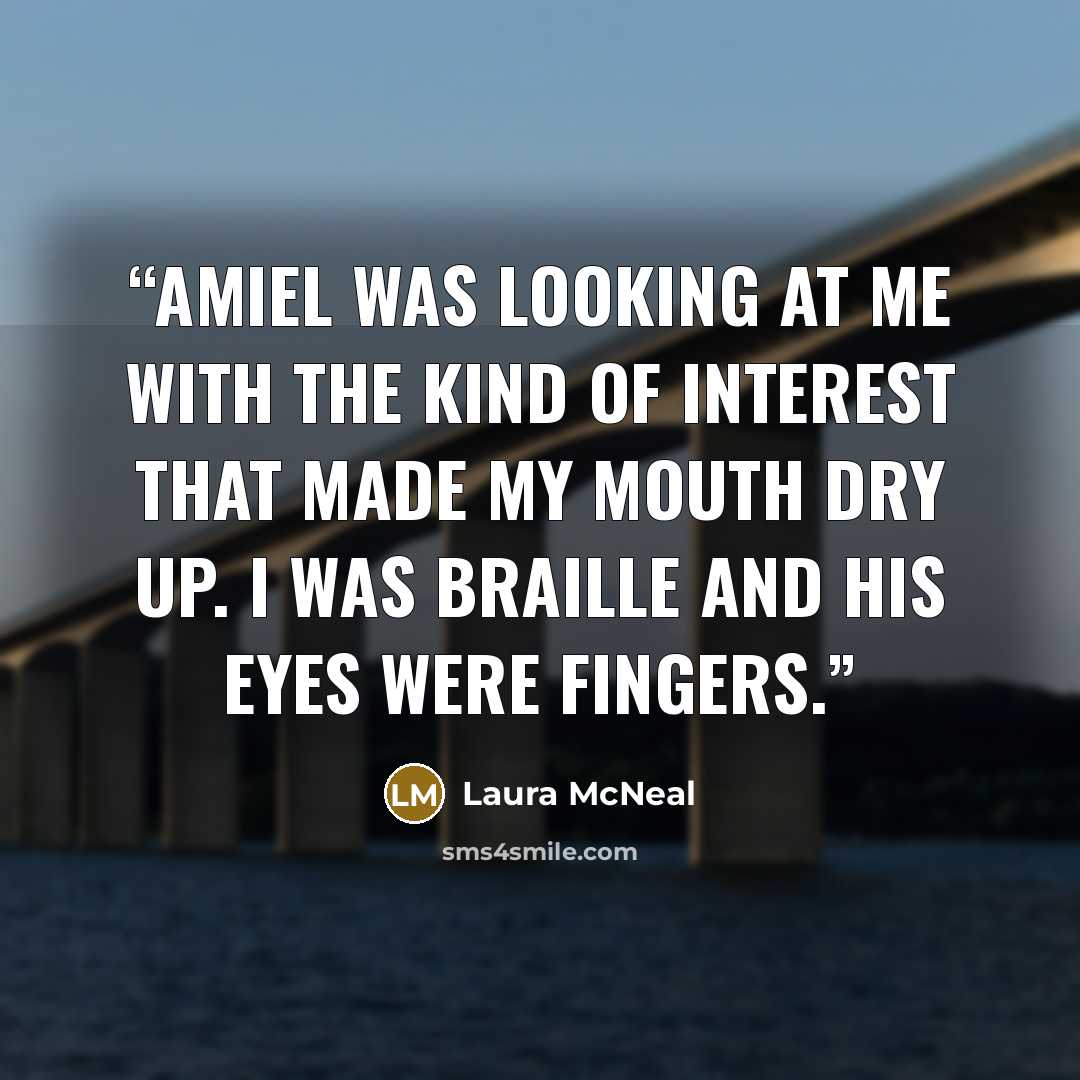 “Amiel was looking at me with the kind of interest that made my mouth dry up. I was Braille and his eyes were fingers.” quote by Laura McNeal