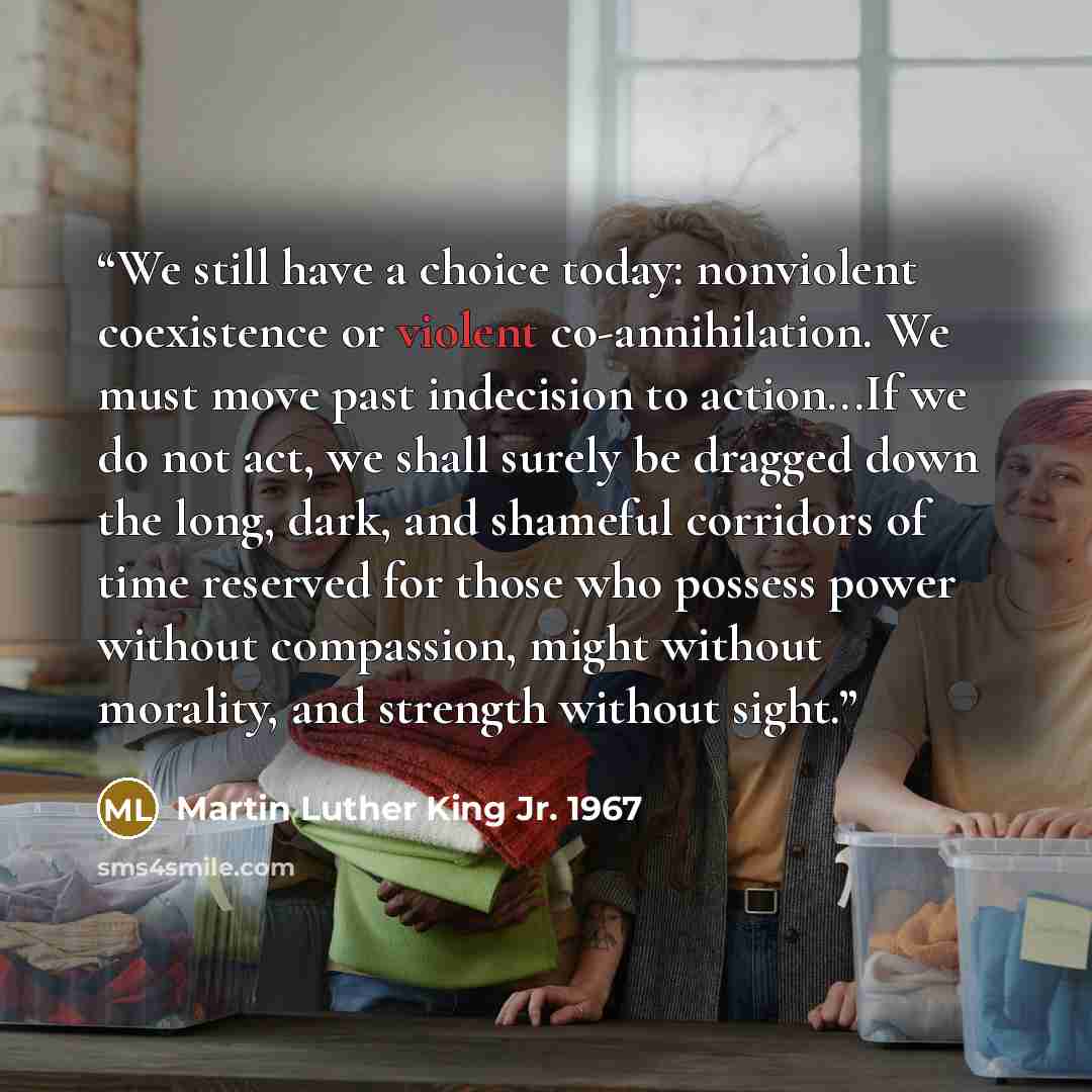 “We still have a choice today: nonviolent coexistence or violent co-annihilation. We must move past indecision to action...If we do not act, we shall surely be dragged down the long, dark, and shameful corridors of time reserved for those who possess power without compassion, might without…” quote by Martin Luther King Jr. 1967