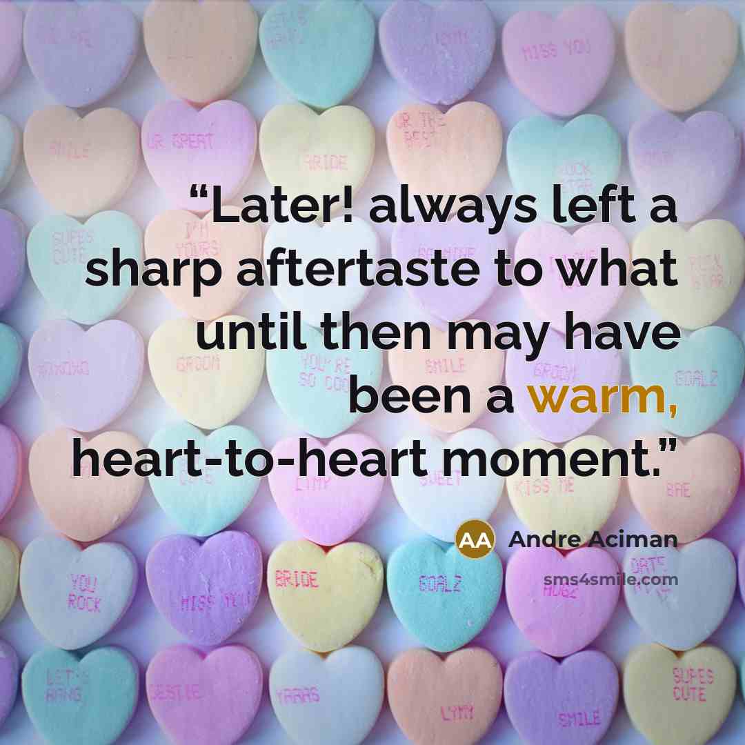 “Later! always left a sharp aftertaste to what until then may have been a warm, heart-to-heart moment.” quote by André Aciman