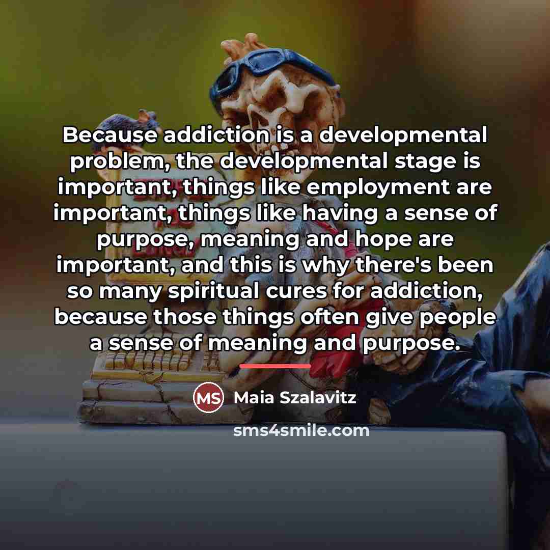 “Because addiction is a developmental problem, the developmental stage is…” quote by Maia Szalavitz