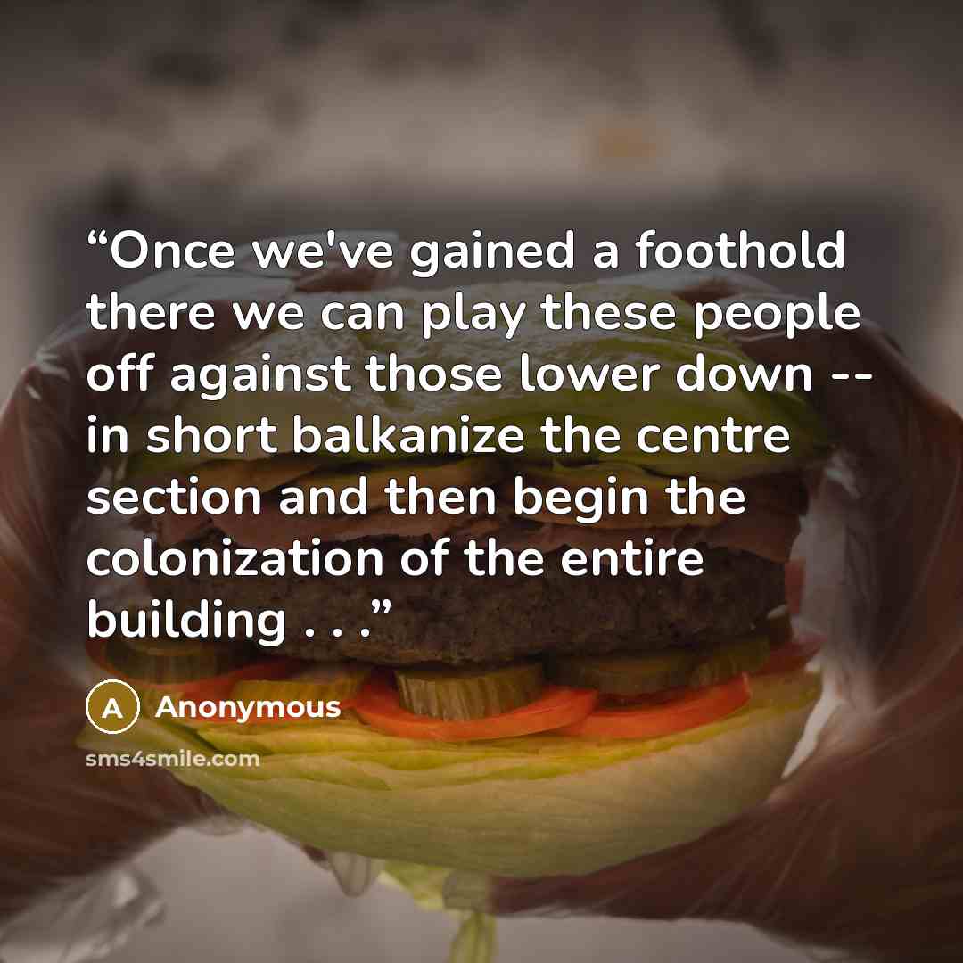 “Once we've gained a foothold there we can play these people off against those lower down -- in short balkanize the centre section and then begin the colonization of the entire building . . .” quote by Anonymous