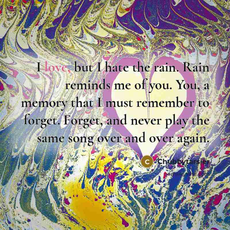 “I love, but I hate the rain. Rain reminds me of you. You, a memory that I must remember to forget. Forget, and never play the same song over and over again.” quote by Chubbytarsier