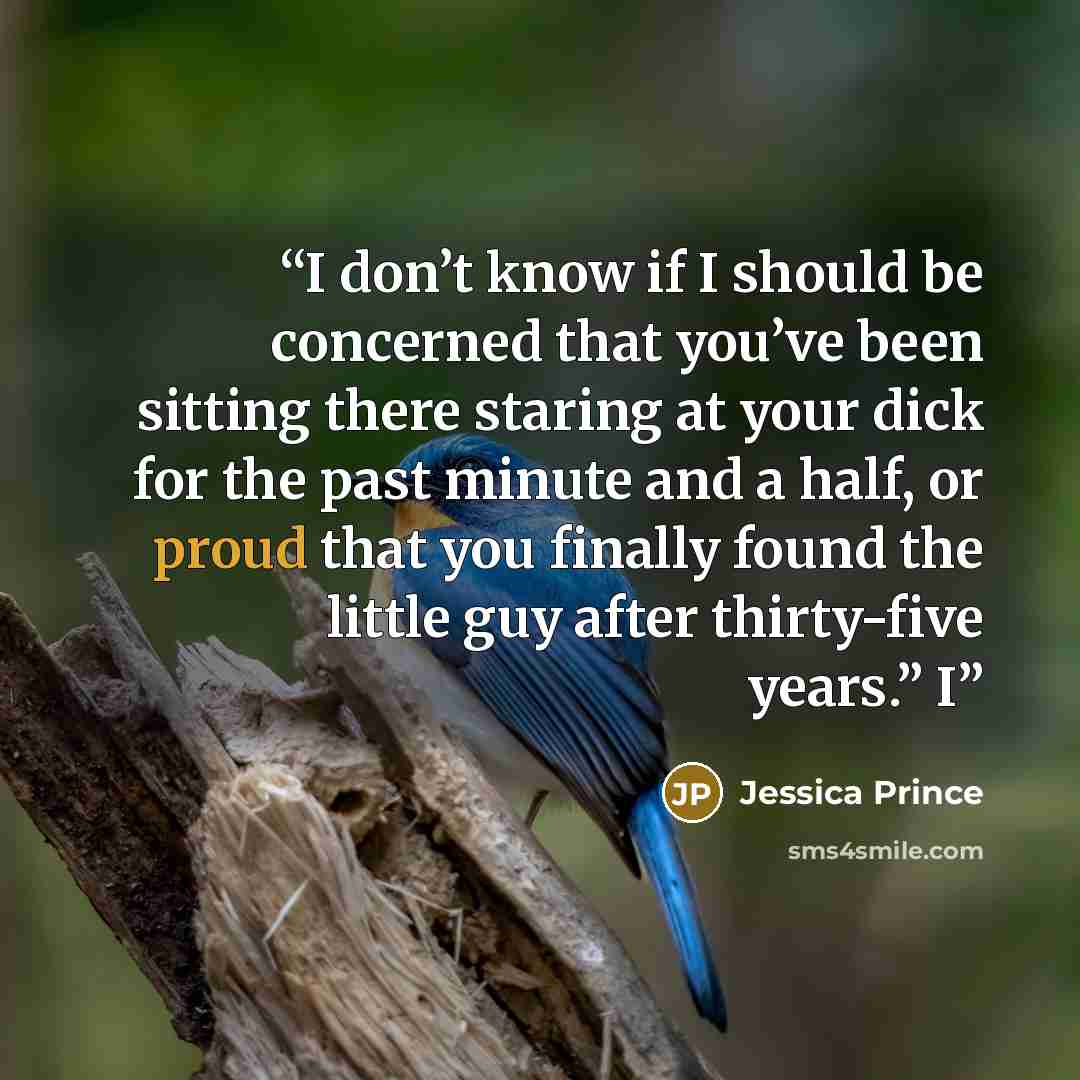 “I don’t know if I should be concerned that you’ve been sitting there staring at your dick for the past minute and a half, or proud that you finally found the little guy after thirty-five years.” I” quote by Jessica Prince