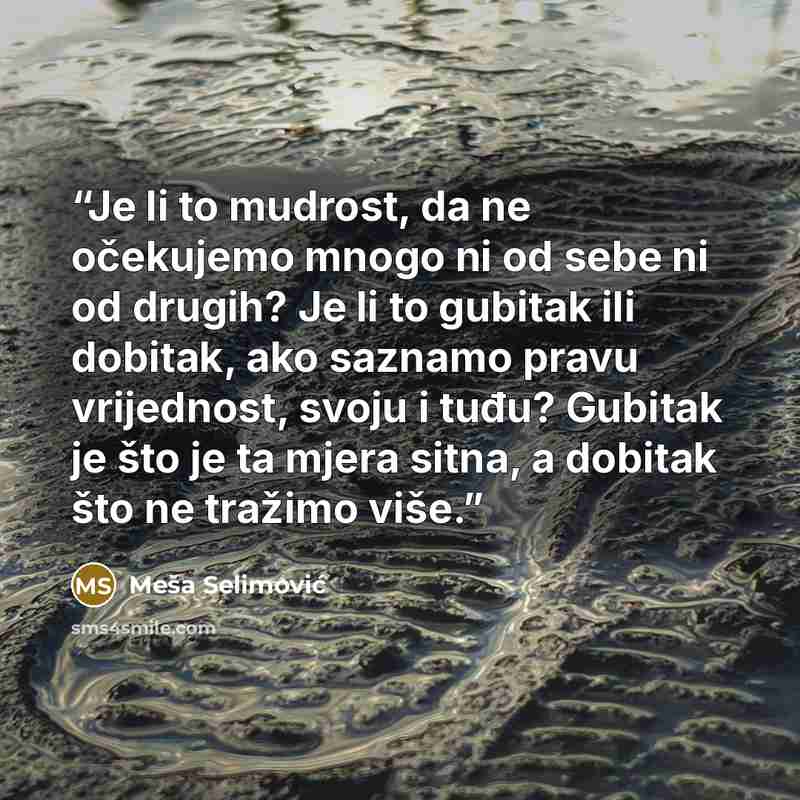 “Je li to mudrost, da ne očekujemo mnogo ni od sebe ni od drugih? Je li to gubitak ili dobitak, ako saznamo pravu vrijednost, svoju i tuđu? Gubitak je što je ta mjera sitna, a dobitak što ne tražimo više.” quote by Meša Selimović