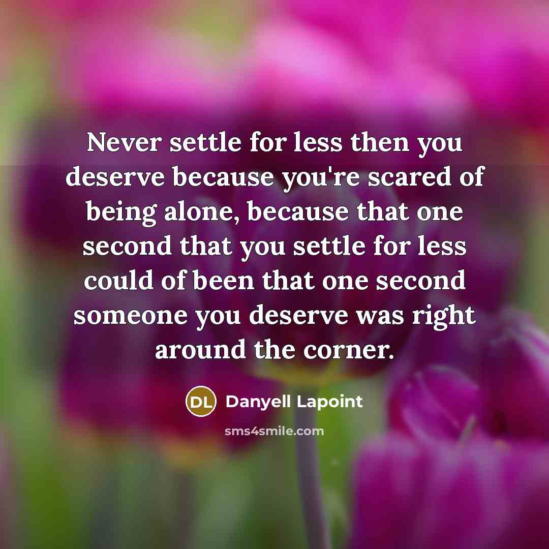 “Never settle for less then you deserve because you're scared of being alone, because that one second that you settle for less could of been that one second someone you deserve was right around the corner.” quote by Danyell Lapoint