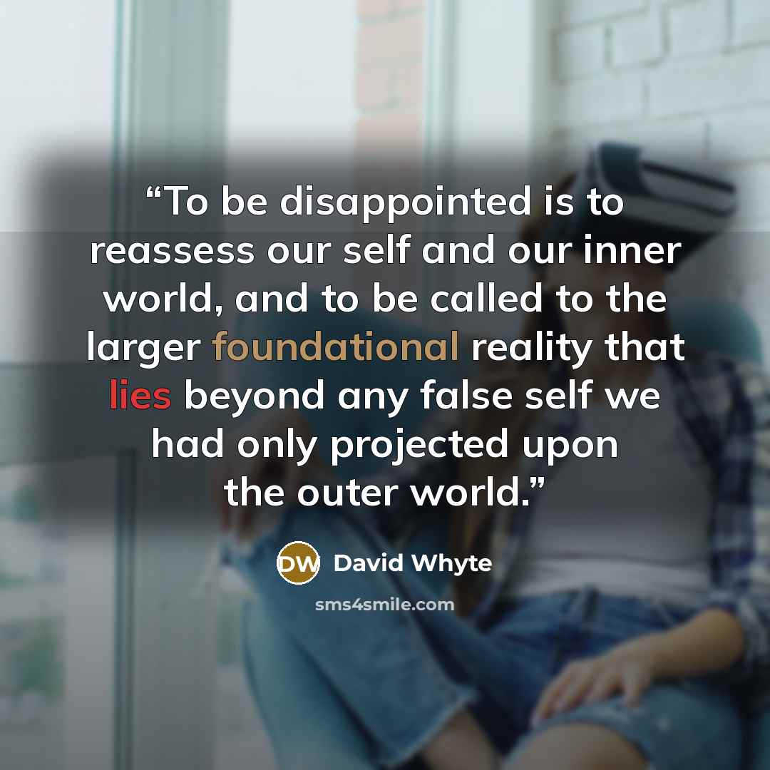 “To be disappointed is to reassess our self and our inner world, and to be called to the larger foundational reality that lies beyond any false self we had only projected upon the outer world.” quote by David Whyte