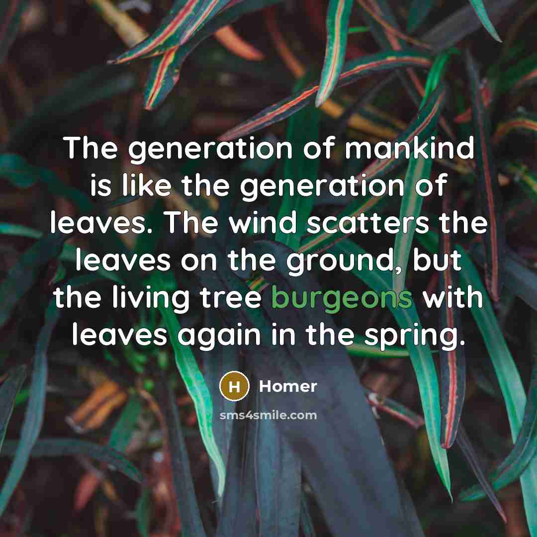 “The generation of mankind is like the generation of leaves. The wind scatters the leaves on the ground, but the living tree burgeons with leaves again in the spring.” quote by Homer