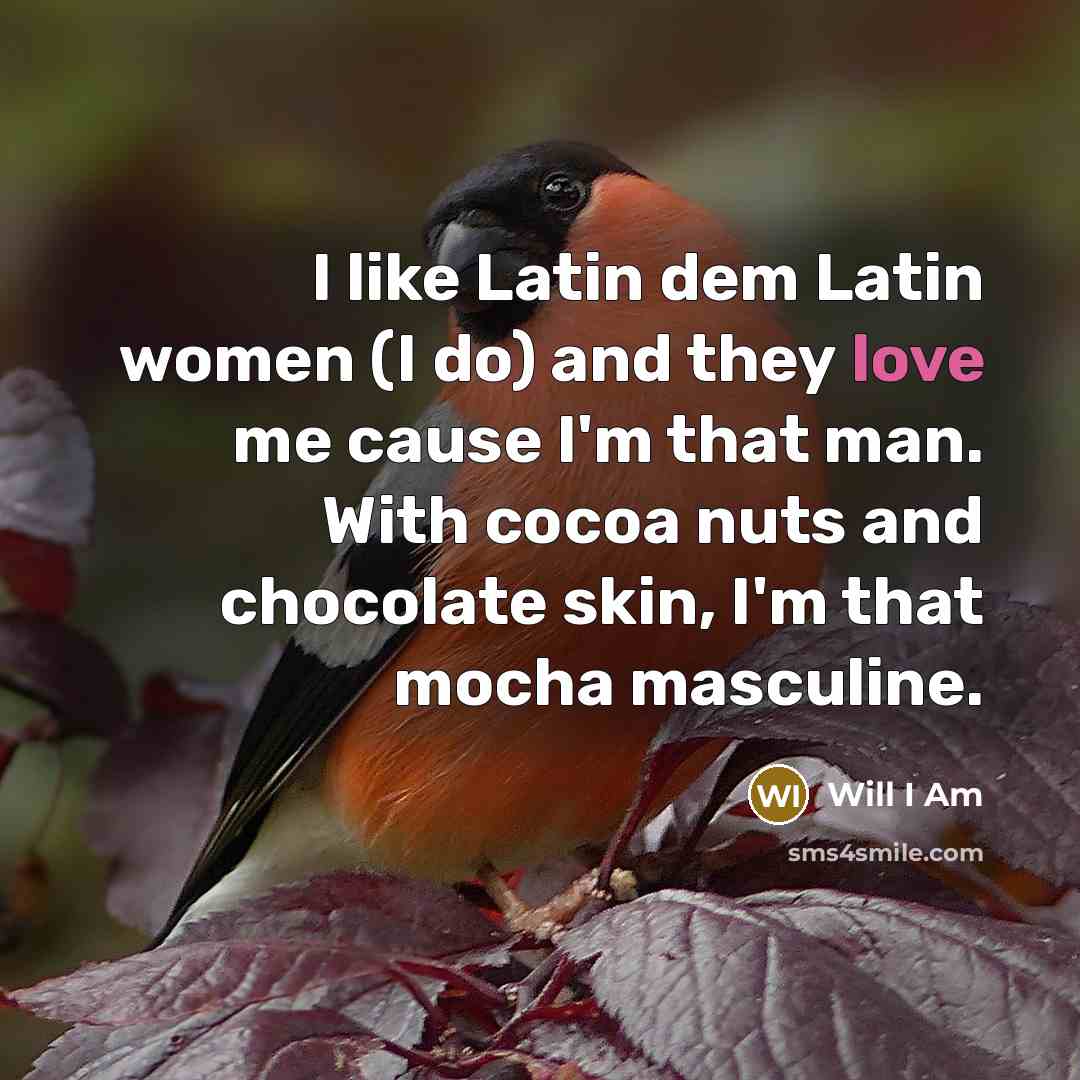 “I like Latin dem Latin women (I do) and they love me cause I'm that man. With cocoa nuts and chocolate skin, I'm that mocha masculine.” quote by Will I Am