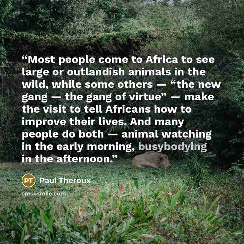 “Most people come to Africa to see large or outlandish animals in the wild, while some others — “the new gang — the gang of virtue” — make the visit to tell Africans how to improve their lives. And many people do both — animal watching in the early morning, busybodying in the afternoon.” quote by Paul Theroux