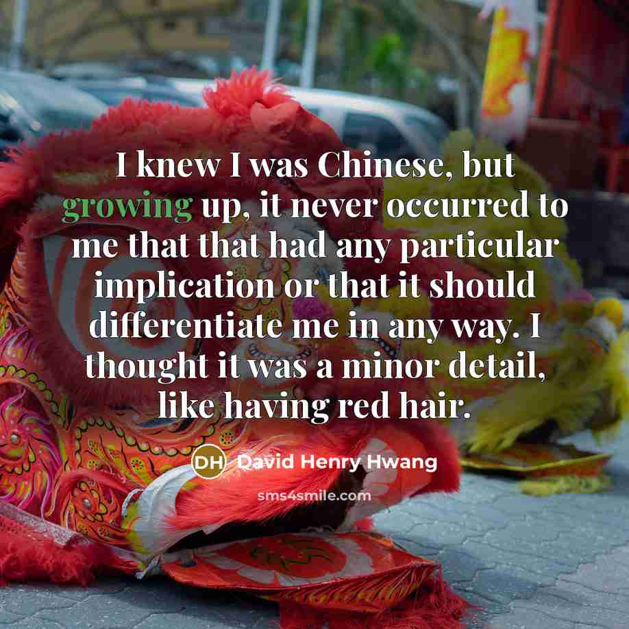 “I knew I was Chinese, but growing up, it never occurred to me that that had any particular implication or that it should differentiate me in any way. I thought it was a minor detail, like having red hair.” quote by David Henry Hwang