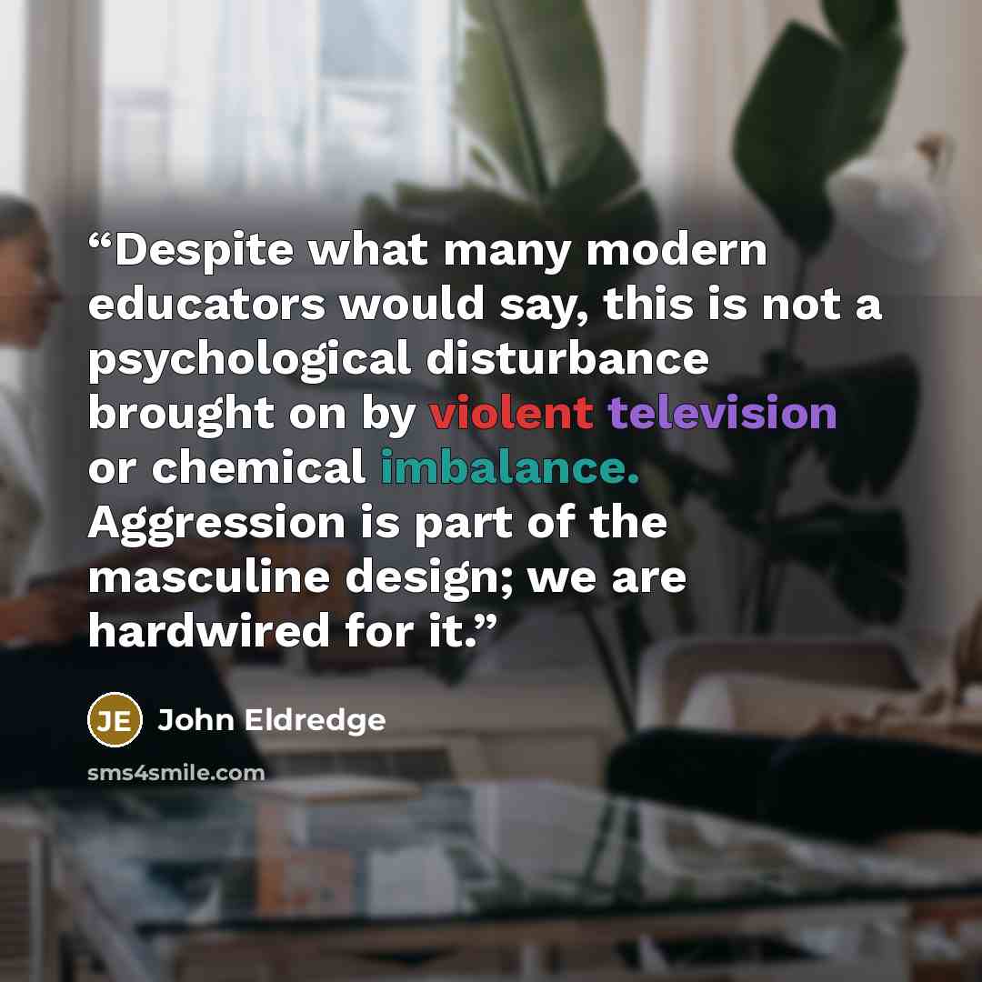 “Despite what many modern educators would say, this is not a psychological disturbance brought on by violent television or chemical imbalance. Aggression is part of the masculine design; we are hardwired for it.” quote by John Eldredge