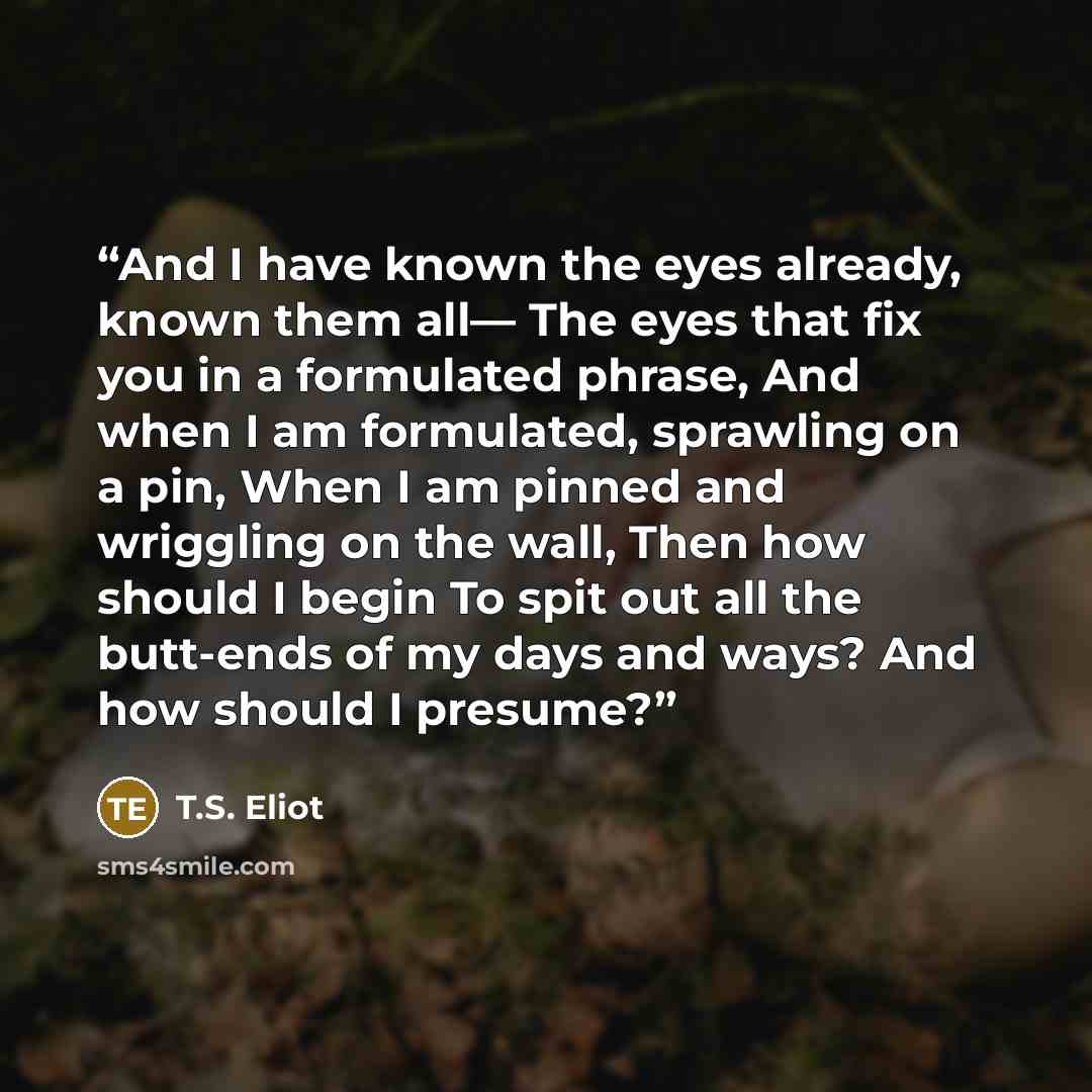 “And I have known the eyes already, known them all— The eyes that fix you in a formulated phrase, And when I am formulated, sprawling on a pin, When I am pinned and wriggling on the wall, Then how should I begin To spit out all the butt-ends of my days and ways? And how should I presume?” quote by T.S. Eliot