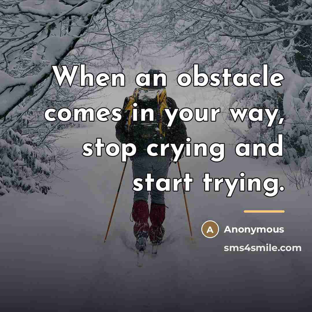 “When an obstacle comes in your way, stop crying and…” quote by Anonymous