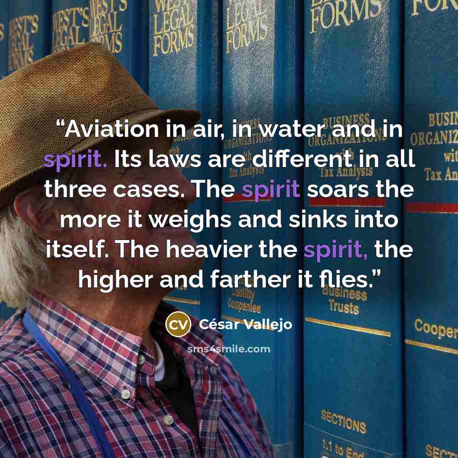 “Aviation in air, in water and in spirit. Its laws are different in all three cases. The spirit soars the more it weighs and sinks into itself. The heavier the spirit, the higher and farther it flies.” quote by César Vallejo