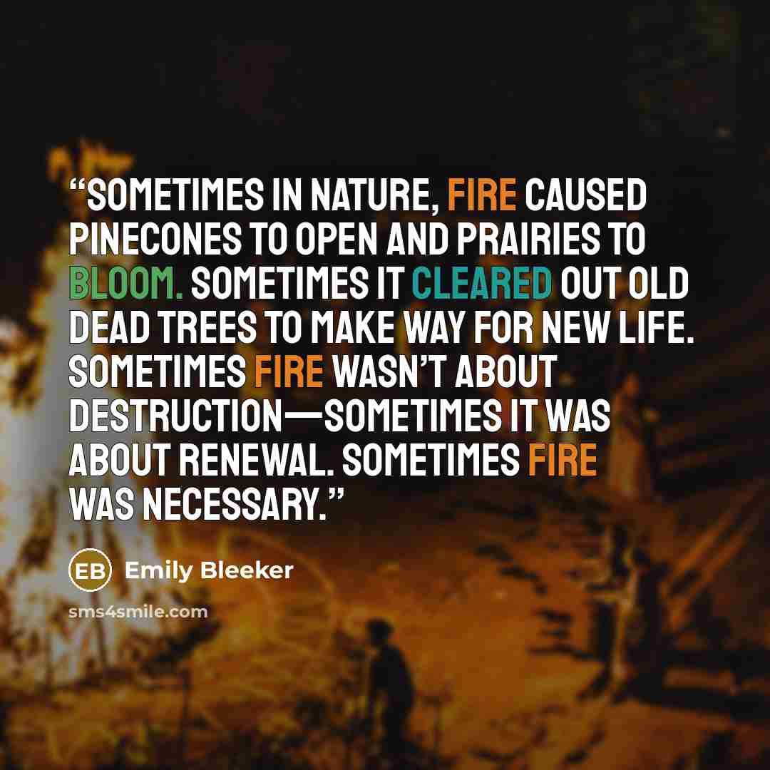 “Sometimes in nature, fire caused pinecones to open and prairies to bloom. Sometimes it cleared out old dead trees to make way for new life. Sometimes fire wasn’t about destruction—sometimes it was about renewal. Sometimes fire was necessary.” quote by Emily Bleeker
