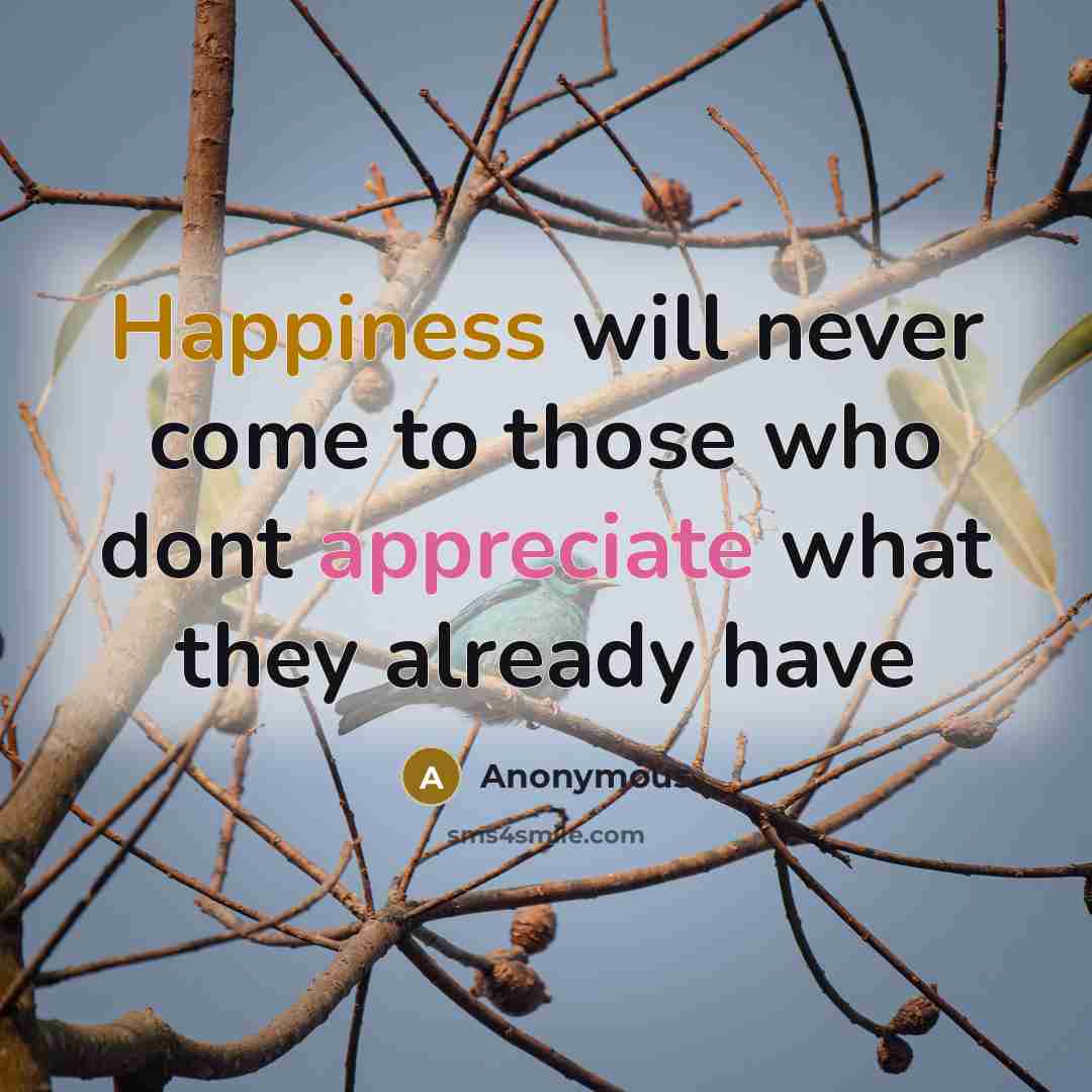 “Happiness will never come to those who dont appreciate what…” quote by Anonymous