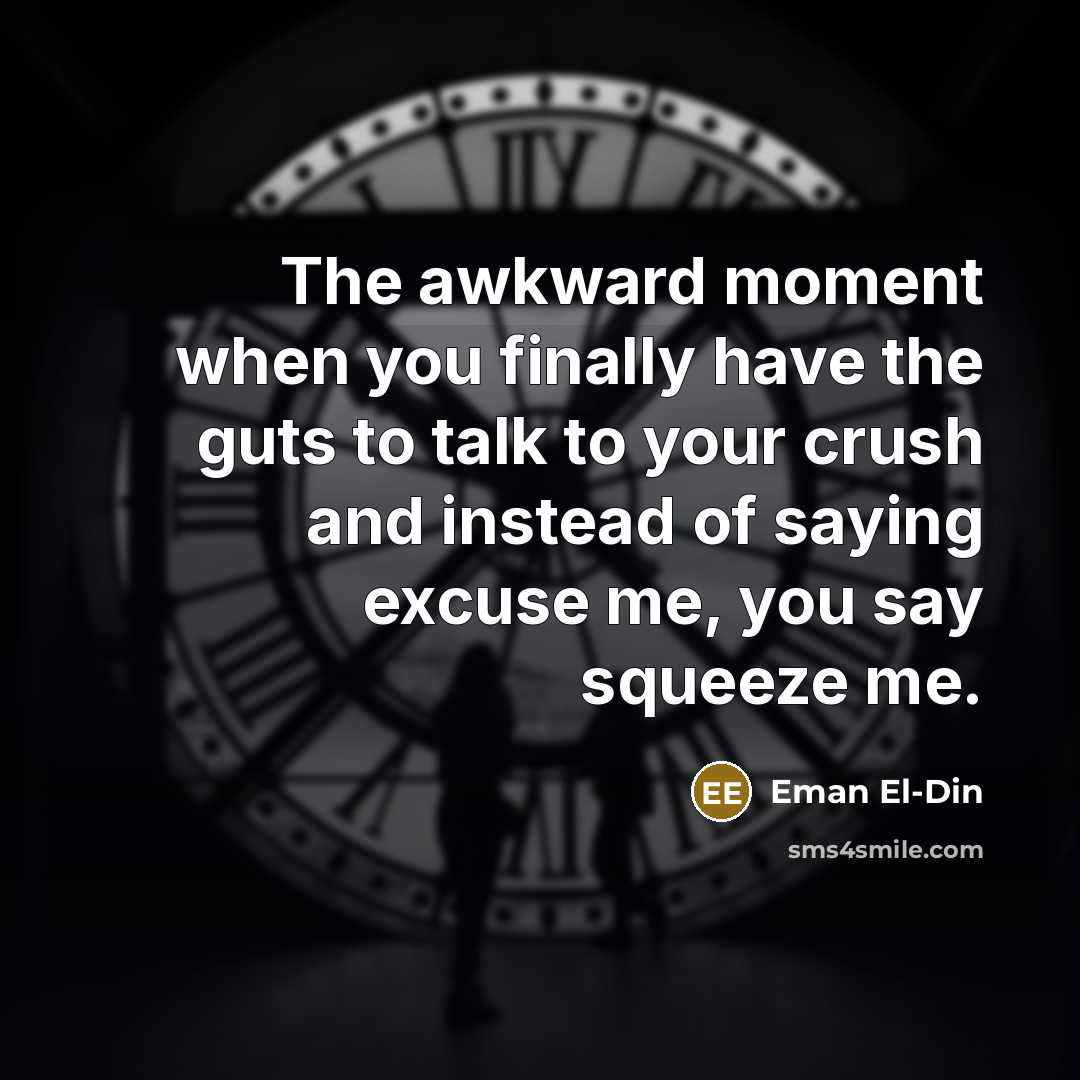 “The awkward moment when you finally have the guts to talk to your crush and instead of saying excuse me, you say squeeze me.” quote by Eman El-Din
