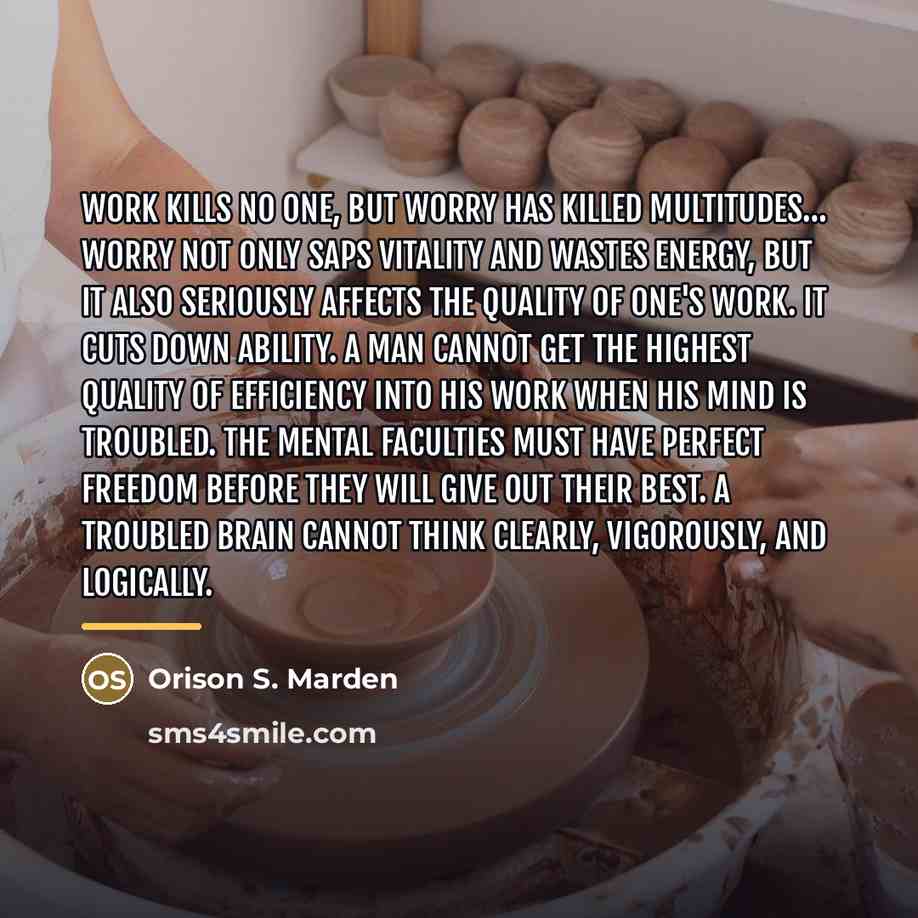 “Work kills no one, but worry has killed multitudes… Worry…” quote by Orison S. Marden