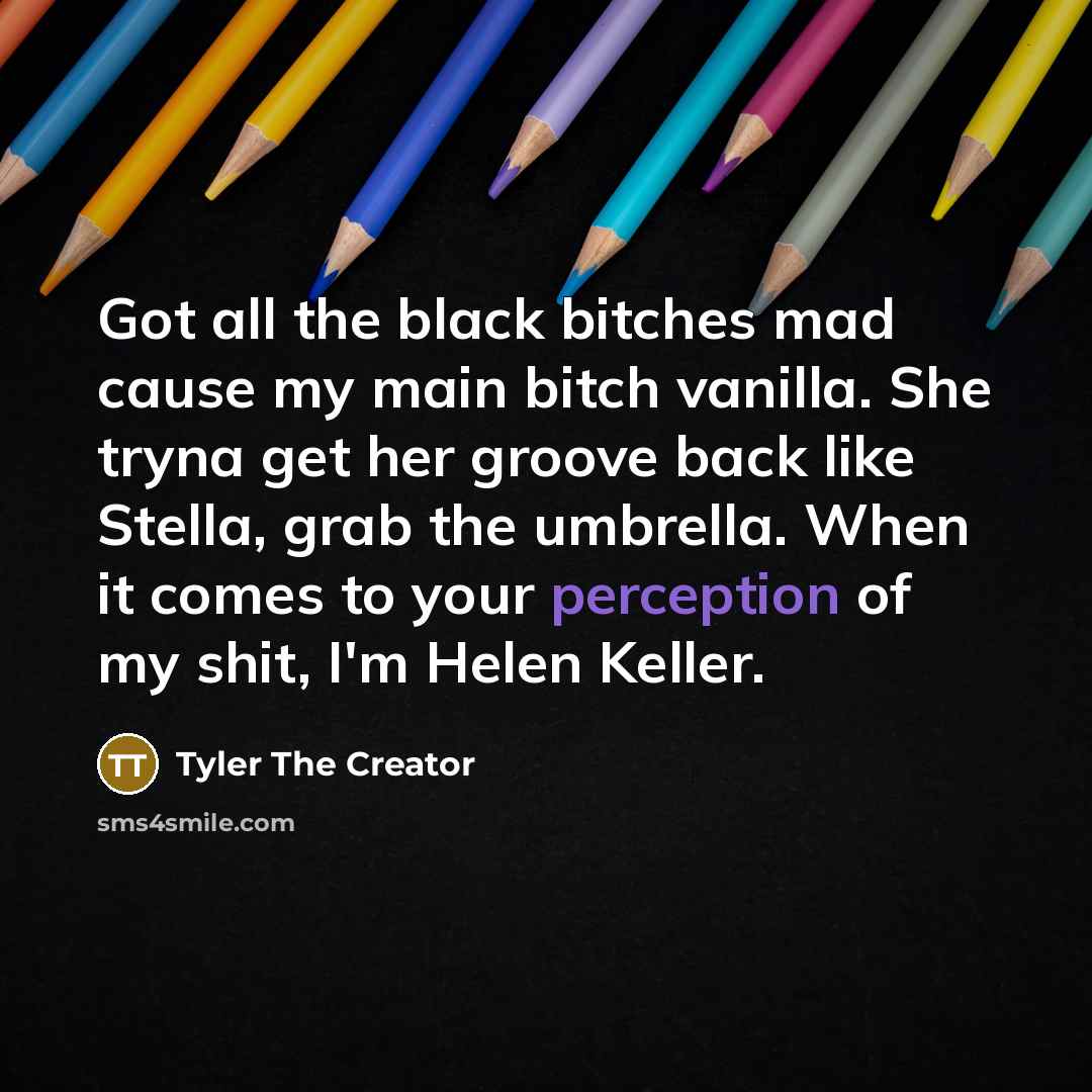 “Got all the black bitches mad cause my main bitch vanilla. She tryna get her groove back like Stella, grab the umbrella. When it comes to your perception of my shit, I'm Helen Keller.” quote by Tyler The Creator