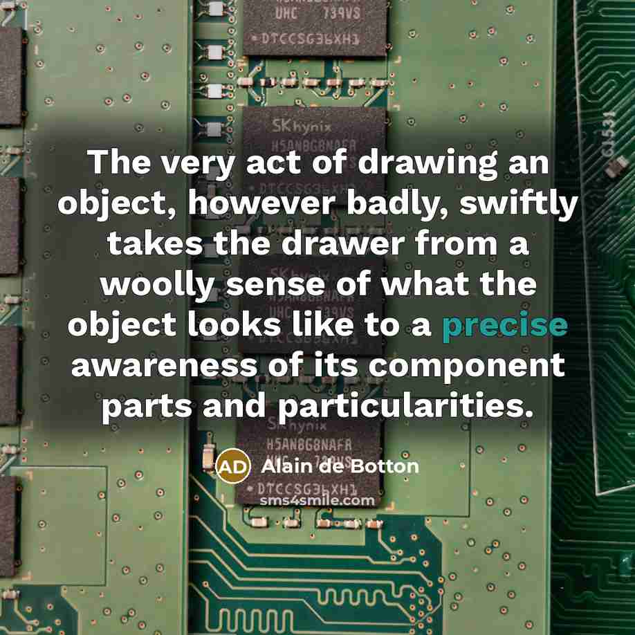 “The very act of drawing an object, however badly, swiftly…” quote by Alain de Botton