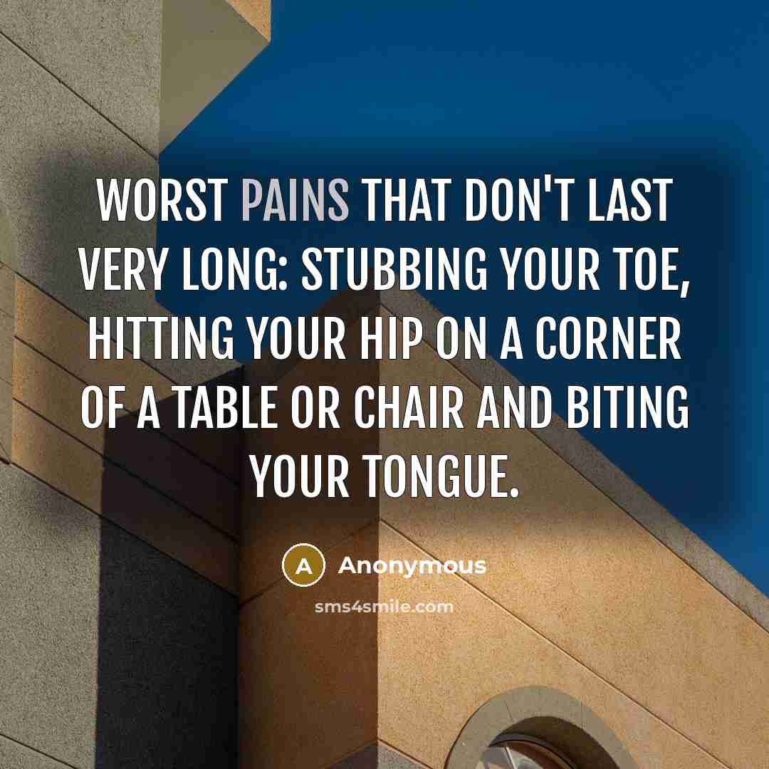 “Worst pains that don't last very long: Stubbing your toe, hitting your hip on a corner of a table or chair and biting your tongue.” quote by Anonymous