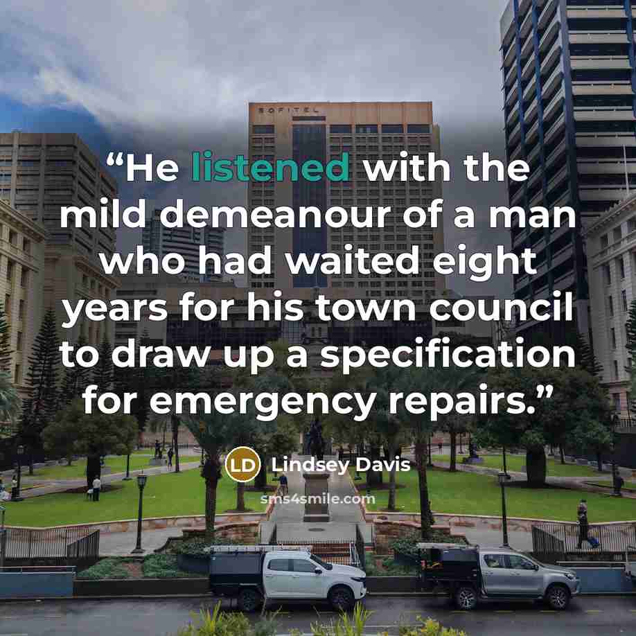 “He listened with the mild demeanour of a man who had waited eight years for his town council to draw up a specification for emergency repairs.” quote by Lindsey Davis